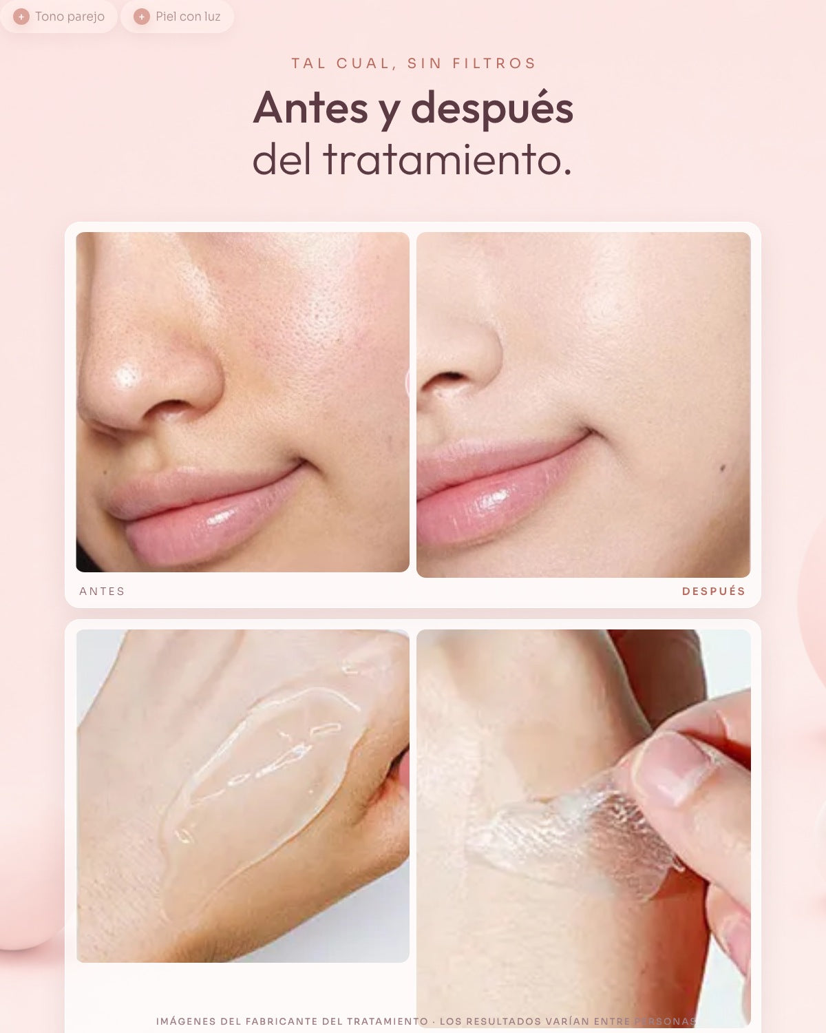 Antes y después del fabricante, y el gesto: el gel de noche y el film que sale entero en la mañana