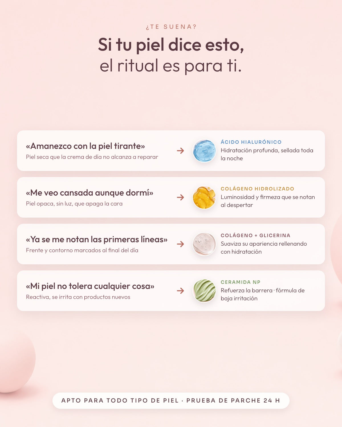 Para quién es: piel seca, piel opaca, primeras líneas y piel sensible, y el activo que trabaja cada caso