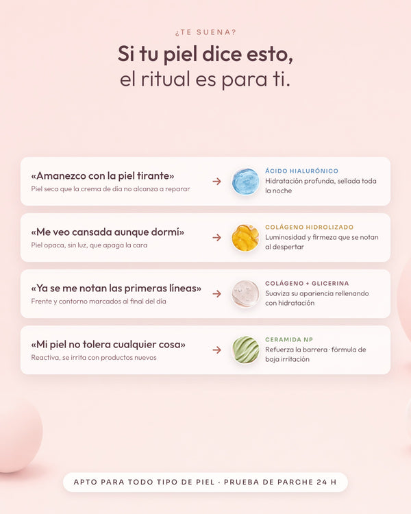 Para quién es: piel seca, piel opaca, primeras líneas y piel sensible, y el activo que trabaja cada caso